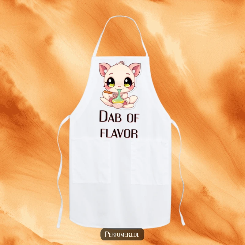 Funny Apron depicting a creature with big eyes dabbing liquid onto a flower petal, ideal for artistic cooks.