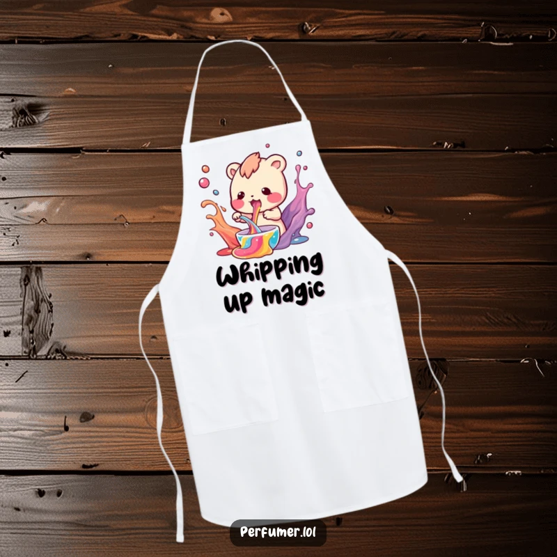 Funny Apron depicting a small creature enthusiastically mixing colorful liquids, ideal for kitchen or lab work.