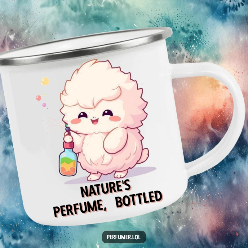 Funny Camping Mug showing a fluffy creature spraying a colorful mist, built for adventure and humor.