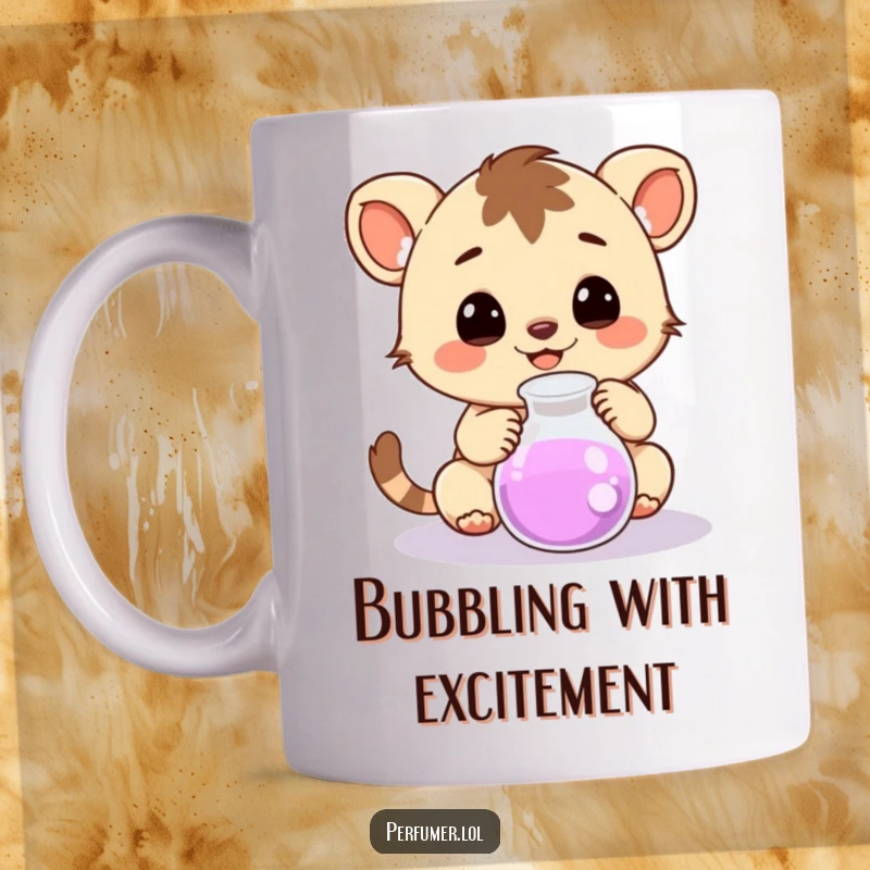 Funny Mug showing a happy creature curiously observing a bubbling small beaker, radiating scientific intrigue.