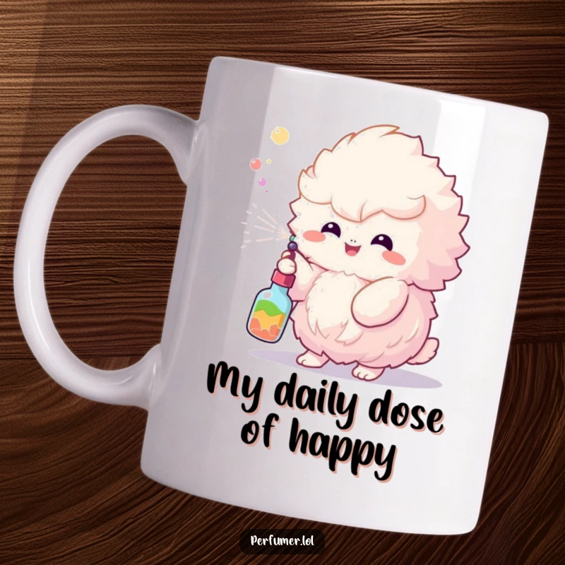 Funny Mug showing a fluffy creature joyfully spraying a vibrant, colorful mist from a small bottle, radiating happiness.
