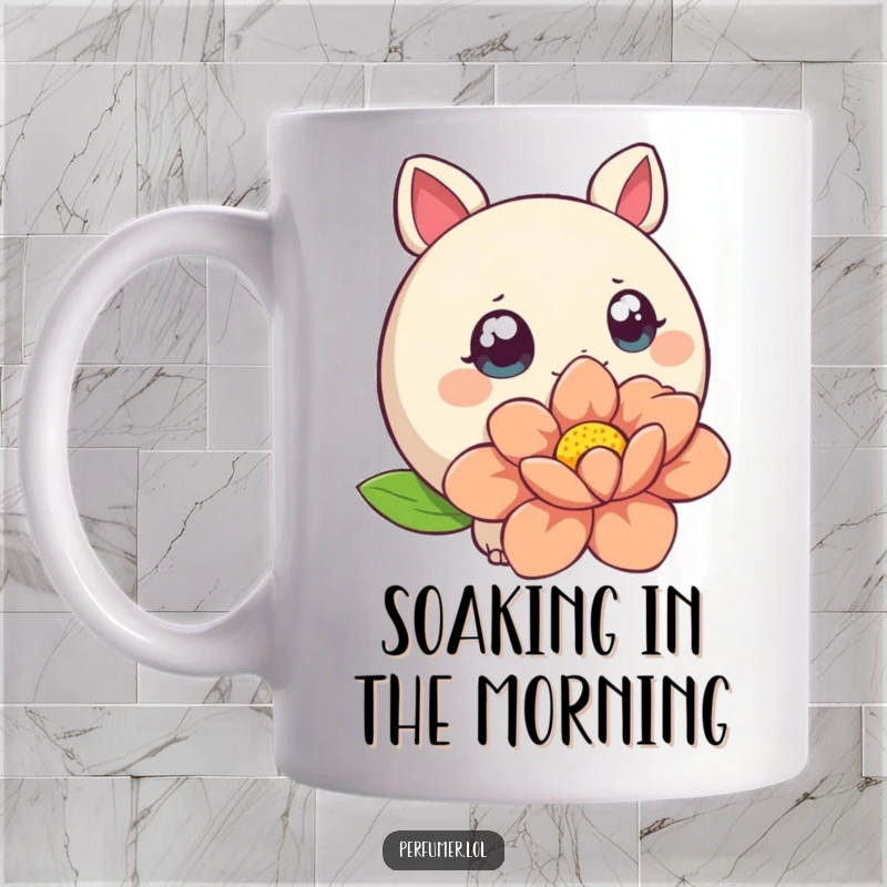 Funny Mug of a round creature with wide eyes curiously sniffing a large, colorful stylized flower.
