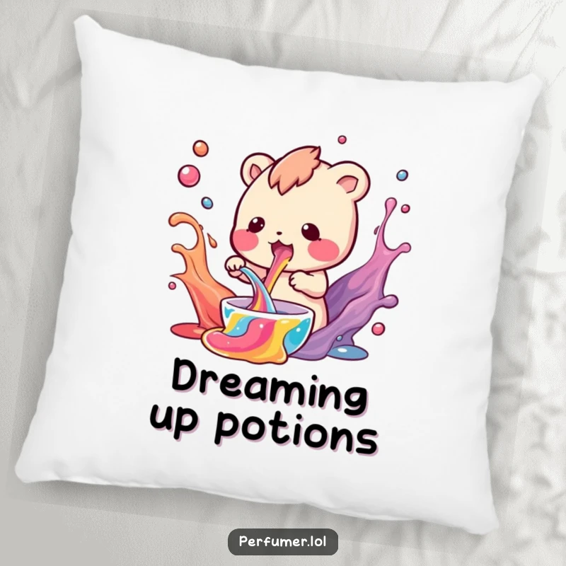 Funny Pillow decorated with a small creature mixing colorful liquids, offering comfort and scientific curiosity.