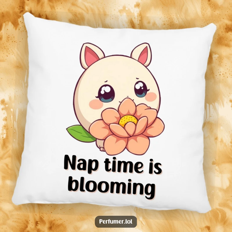 Funny Pillow showcasing a wide-eyed creature sniffing a large stylized flower, adding comfort and humor.