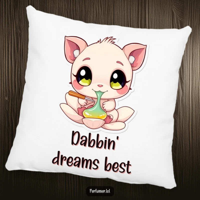 Funny Pillow decorated with a creature with big eyes dabbing liquid onto a flower petal, offering comfort and art.