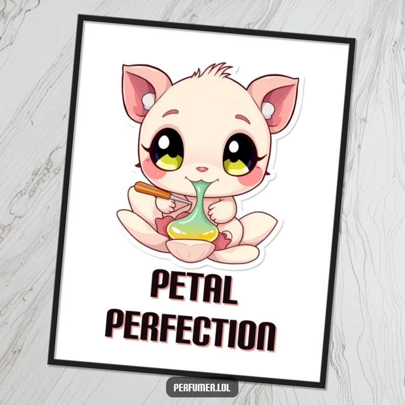 Funny Digital Art Print of a creature with big eyes dabbing liquid onto a flower petal, perfect for decor.