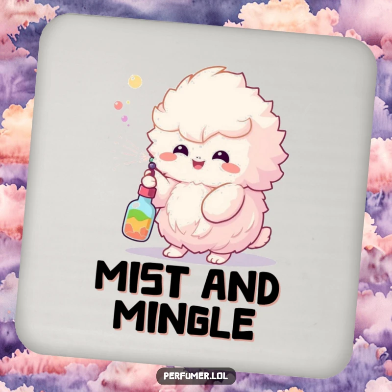 Funny Drink Coasters featuring a fluffy creature spraying a colorful mist, adding humor to any table setting.
