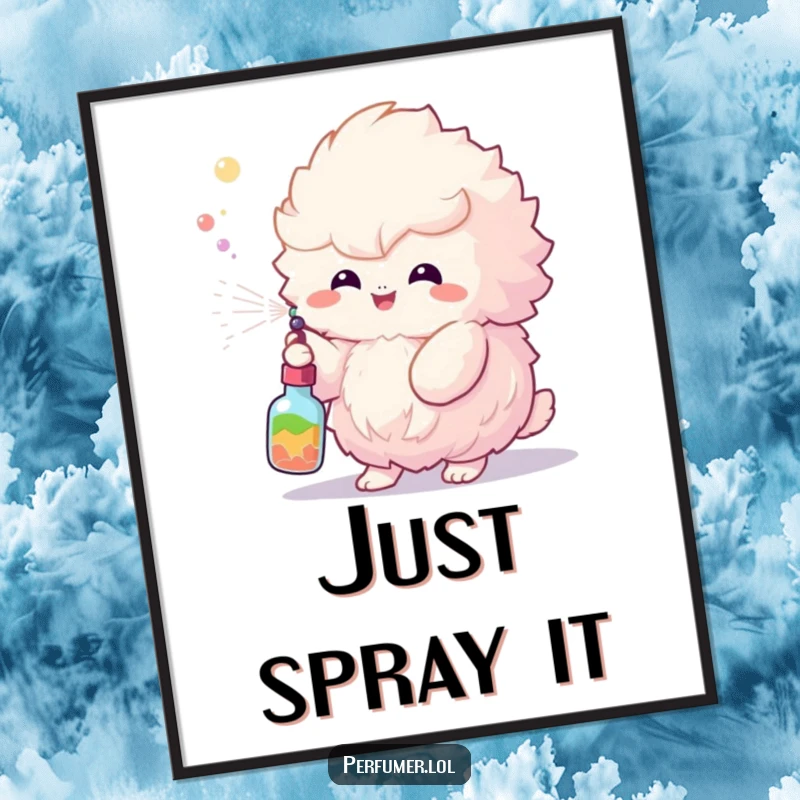Funny Poster showcasing a fluffy creature happily spraying a magical colorful mist, adding cheer to any room.