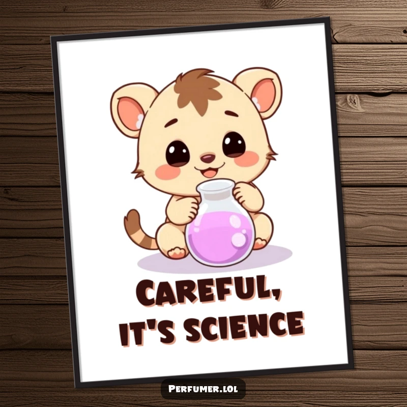 Funny Poster showcasing a happy creature curiously observing a small bubbling beaker, perfect for study areas.