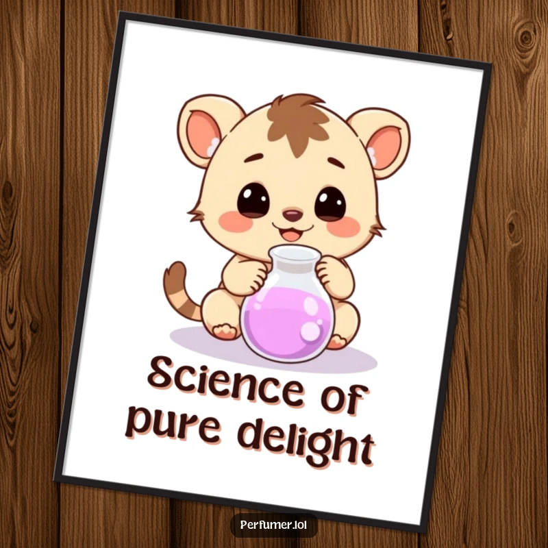 Funny Free Printable Wall Art of a happy creature curiously observing a bubbling small beaker, a charming scene of scientific exploration.