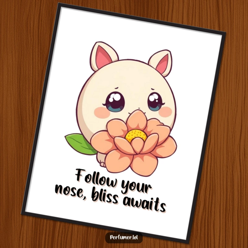Funny Free Printable Wall Art of a round creature with wide eyes curiously sniffing a large, stylized flower, bringing nature's charm.