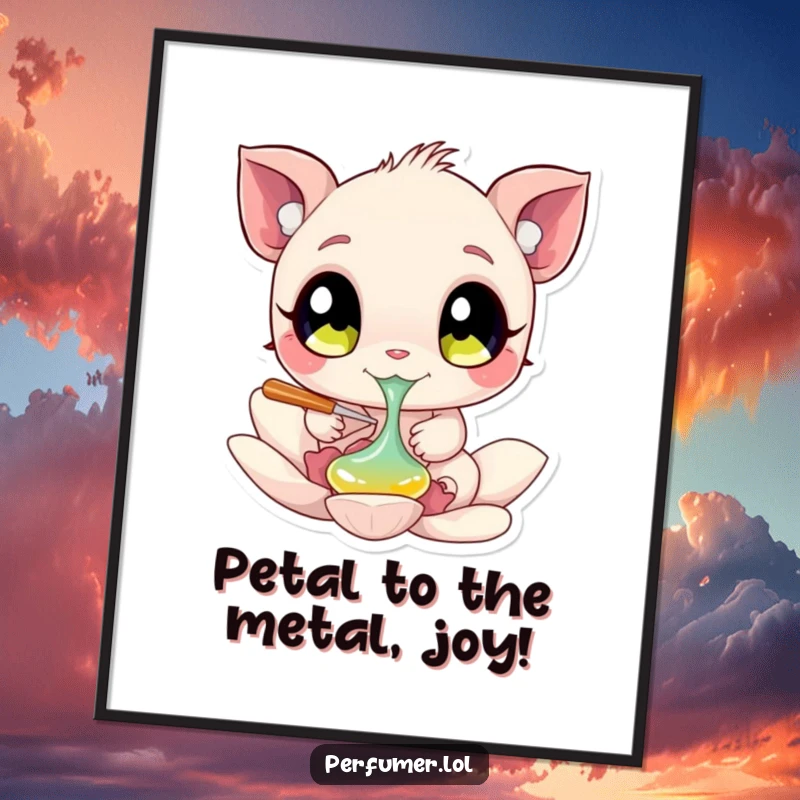 Funny Free Printable Wall Art of a creature with big eyes playfully dabbing liquid onto a petal, creating colorful, abstract art.