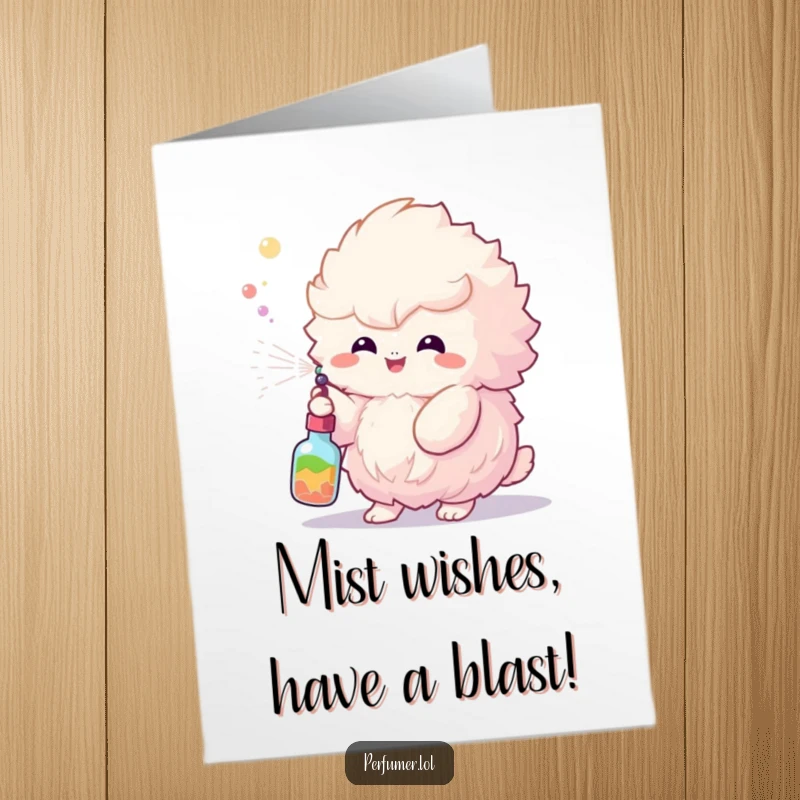Funny Free Printable Birthday Card featuring a fluffy creature happily spraying colorful mist from a tiny bottle, spreading cheer.
