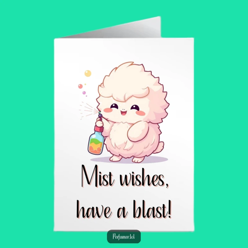 Free Printable Birthday Card: Fluffy Creature Spraying Fun Mist - Funny Downloadable Gift