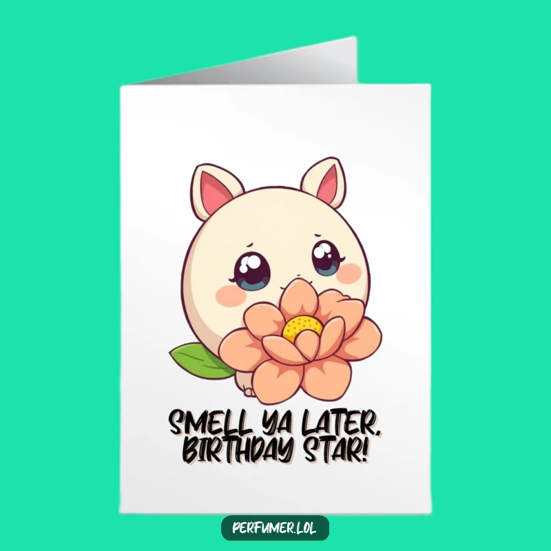 Free Printable Birthday Card: Curious Creature Sniffing Flower - Funny Downloadable Gift