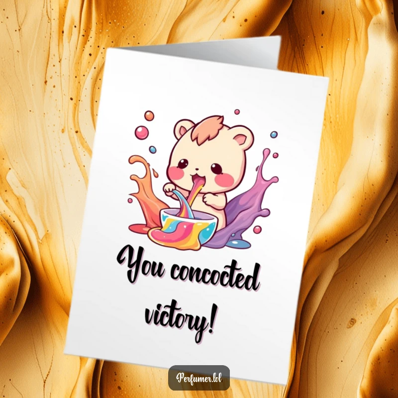 Funny Free Printable Congratulations Card of a small creature mixing swirling colorful liquids, a magical celebration of success.