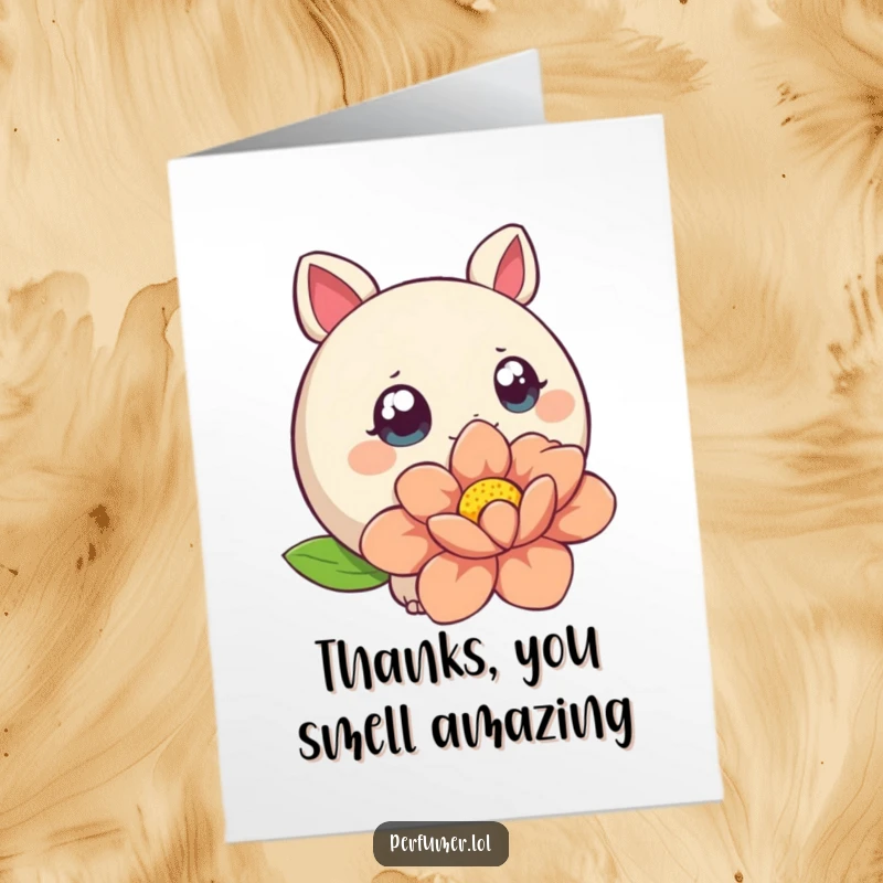Funny Free Printable Thank You Card with a round creature with wide eyes sniffing a large, stylized flower, expressing thanks.