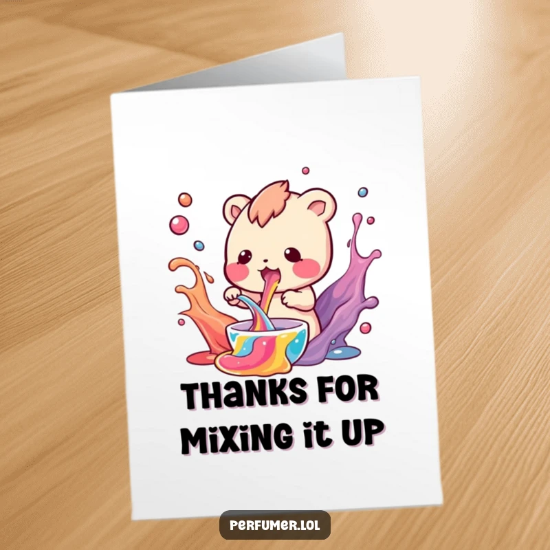 Funny Free Printable Thank You Card with a small creature mixing swirling colorful liquids, representing a heartfelt thank you blend.