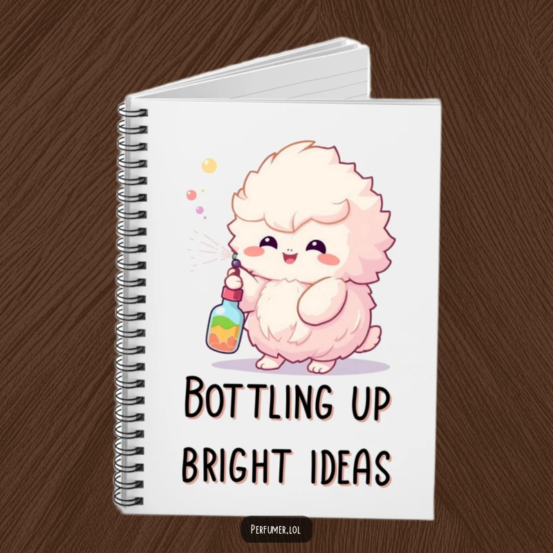 Funny Notebook with a fluffy creature spraying a colorful mist, perfect for capturing ideas with humor.
