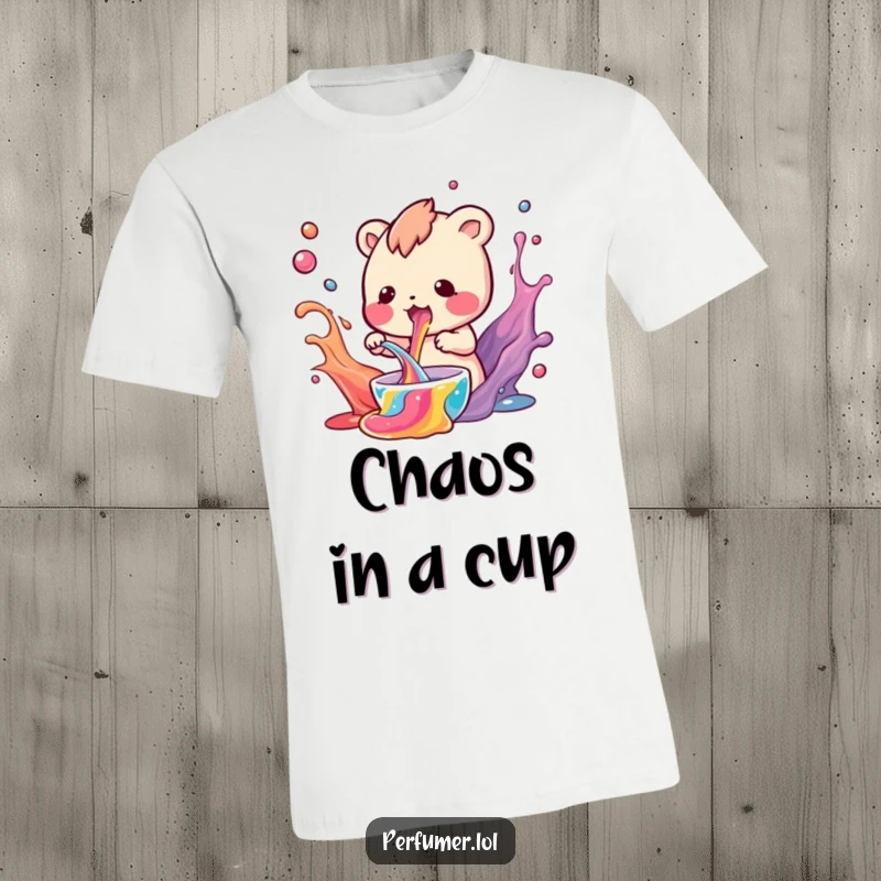 Funny T-Shirt of a small creature enthusiastically mixing swirling colorful liquids, perfect for chemists and artists.