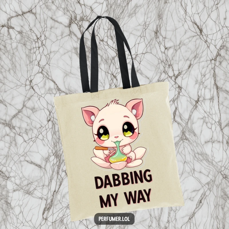 Funny Tote Bag with a big-eyed creature dabbing liquid onto a flower petal, designed for carrying essentials with artistic flair.
