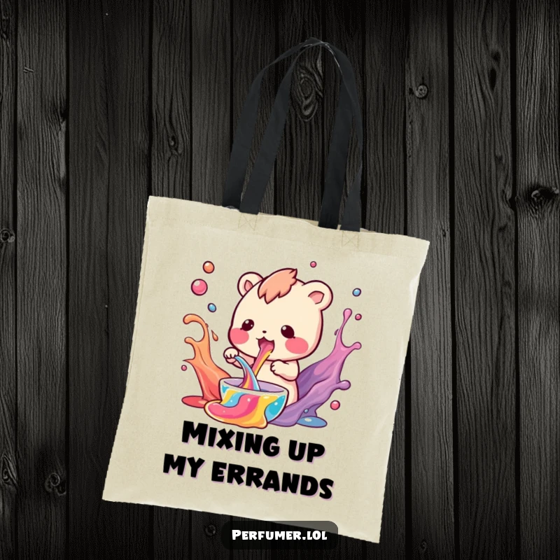Funny Tote Bag with a small creature mixing colorful liquids, designed for carrying essentials with scientific flair.